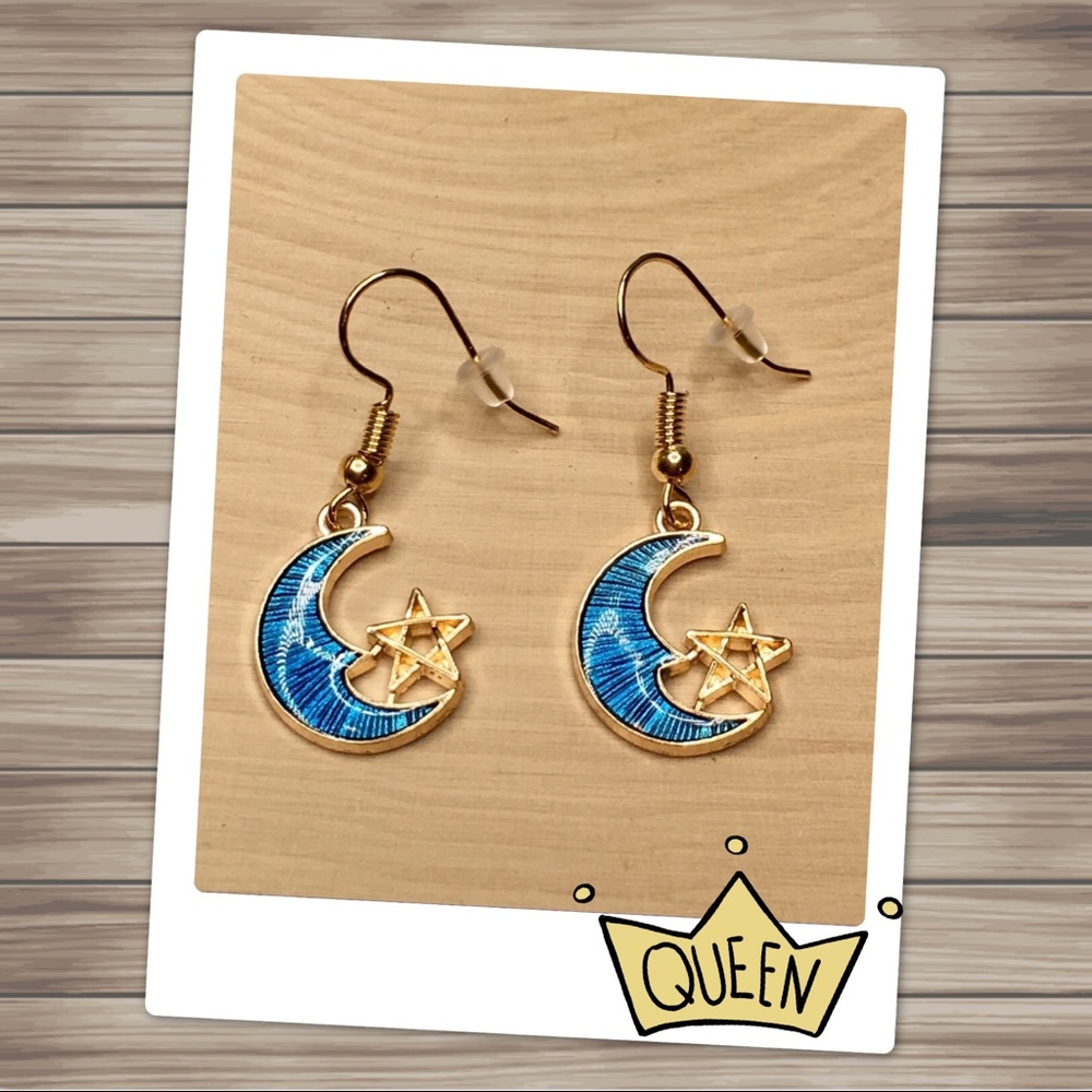 Crescent Moon and Star Earrings - Picture 2 of 8